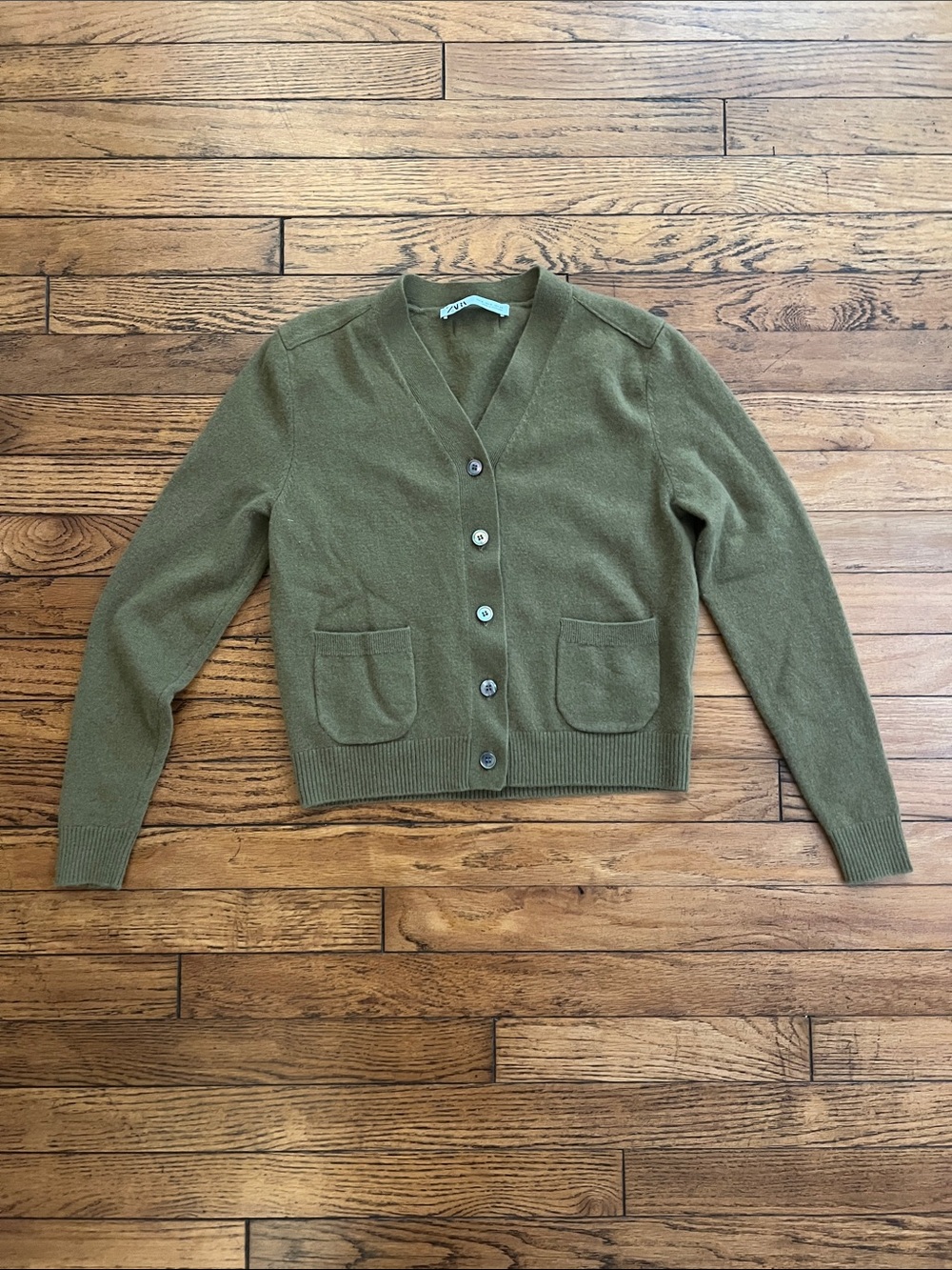 Zara Olive V-Neck Button Cardigan Sweater